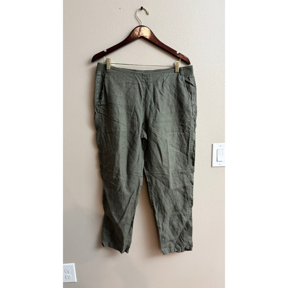 J. Jill Love Linen Crop Pants Size M Olive Green Elastic Waist Casual Pockets